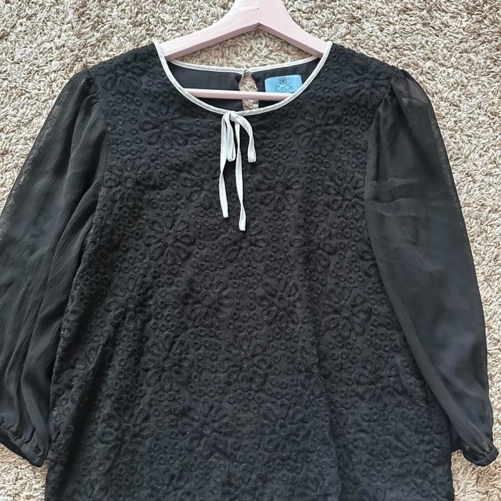 CeCe Black Top with White Trim and Tie Detail